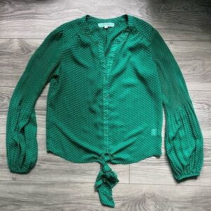 Pleione Green White Polka Dot Long Sleeves Sheer Button Up Tie Wist Size S